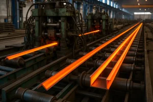 خط تولید نبشی و ناودانی در کارخانه فولاد، شامل قطعات فولادی داغ و درخشان که روی نوار نقاله از میان دستگاه‌های نورد عبور می‌کنند.