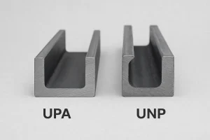 تصویر مقایسه ناودانی‌های فولادی UPA و UNP با تفاوت در شکل بال‌ها و ضخامت.