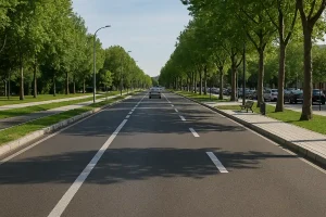 خیابان شهری پهن با خطوط ترافیکی مشخص، مسیر دوچرخه، پیاده‌روهای سنگ‌فرش‌شده و درختان منظم در دو طرف خیابان در یک روز آفتابی.
