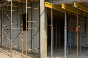 تصویر مقایسه داربست و کفراژ در کارگاه ساختمانی — در سمت چپ داربست فلزی زنگ‌زده برای کار در ارتفاع نصب شده و در سمت راست جک‌های فلزی کفراژ، زیر تیرهای بتنی و تیرک‌های زرد رنگ، از قالب سقف پشتیبانی می‌کنند.