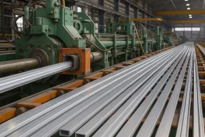 خط تولید پروفیل آلومینیوم در حال اکستروژن بیلت‌های داغ با دستگاه پرس صنعتی، نمایش پروفیل‌های نقره‌ای براق روی خط تولید داخل کارخانه.
