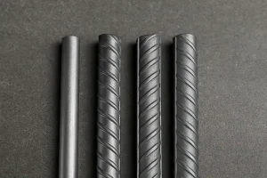 نمای نزدیک از چهار نوع میلگرد ساختمانی شامل میلگرد ساده (A1) و سه میلگرد آجدار با طرح‌های مارپیچ، جناقی و مرکب روی زمینه بتنی تیره.
