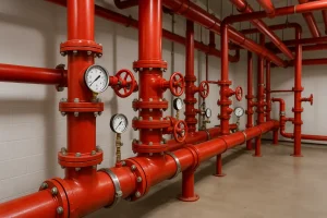 شبکه لوله‌کشی قرمز رنگ سیستم آتش‌نشانی با شیرها و گیج‌های فشار در یک اتاق تاسیسات صنعتی