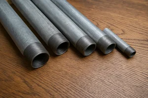  تصویر نزدیک از چند لوله آب فلزی گالوانیزه در اندازه‌های مختلف که به‌صورت منظم روی سطح چوبی قرار گرفته‌اند، نمایش‌دهنده بافت فلز و رزوه‌های انتهای لوله‌ها بدون هیچ نوشته یا لوگو.
