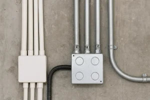 تصویر نمای نزدیک از مسیر نصب لوله‌های برق روی دیوار بتنی را نشان می‌دهد که شامل لوله‌های PVC سفید و لوله‌های فلزی گالوانیزه متصل به جعبه تقسیم است و نمونه‌ای از اجرای صحیح لوله‌کشی برق در ساختمان را نمایش می‌دهد.
