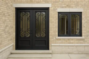 درب و پنجره آهنی مشکی با طرح فرفورژه نصب‌شده روی نمای آجری روشن، نمایش جزئیات ظریف فلزکاری و تضاد رنگی زیبا بین آهن مشکی و آجر کرم.
