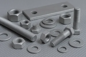  مجموعه‌ای از پیچ‌ها، مهره‌ها و واشرهای فلزی با پوشش نقره‌ای داکرومات روی سطح فلزی خاکستری، نمایانگر مقاومت بالا در برابر خوردگی و کیفیت یکنواخت پوشش.
