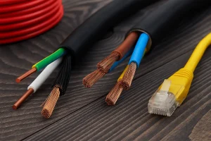 نمای نزدیک از انواع سیم و کابل برق شامل سیم‌های مسی، کابل افشان، کابل قدرت و کابل شبکه زرد رنگ روی سطح چوبی تیره برای نمایش تنوع سیم‌های برق خانگی و صنعتی"
