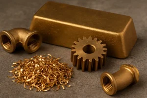 شمش و قطعاتی از برنز شامل چرخ‌دنده، اتصالات لوله و براده‌های فلزی روی سطح سنگی، با نور گرم و طبیعی.
