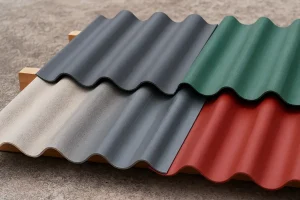 نمونه‌ای از انواع ایرانیت سقفی شامل ورق‌های سیمانی، فلزی، پلاستیکی و فایبرگلاس در رنگ‌ها و جنس‌های مختلف برای پوشش سقف ساختمان.
