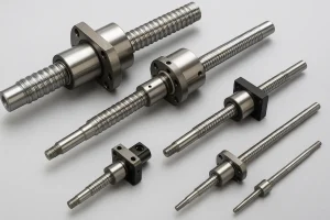 تصویر چند بال‌اسکرو فلزی در اندازه‌های مختلف را نشان می‌دهد که به‌صورت منظم روی سطحی خاکستری قرار گرفته‌اند و جزئیات دقیق رزوه‌ها و مهره‌های آنها قابل مشاهده است.
