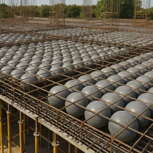 تصویر اجرای سقف بابل دک در کارگاه ساختمانی، شامل شبکه میلگرد و گوی‌های پلاستیکی توخالی برای کاهش وزن دال بتنی و افزایش کارایی سازه.