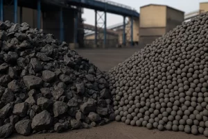 تصویر واقعی از دو نوع محصول آهن در محیط صنعتی؛ در سمت چپ توده‌ای از کنسانتره آهن با دانه‌های نامنظم و تیره، و در سمت راست توده‌ای از گندله‌های آهن کروی و یکنواخت، در پس‌زمینه کارخانه فولادسازی دیده می‌شود." 