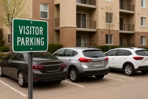 «نمایی واقعی از پارکینگ مهمان در مقابل یک مجتمع مسکونی مدرن با چند خودرو پارک‌شده و فضای منظم بین خطوط سفید پارکینگ.»