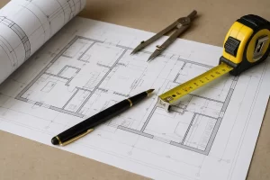 نقشه معماری ساختمان روی میز کار همراه با خودکار، متر و پرگار برای تهیه نقشه ازبیلت و مستندسازی پروژه عمرانی.