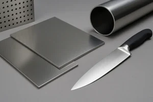 ورق‌ها و لوله‌های استیل ضد زنگ در کنار یک چاقوی فلزی براق روی پس‌زمینه خاکستری، نمایش‌دهنده تفاوت بافت و درخشندگی انواع استیل 304 و 420.
