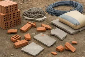 تصویری از کارگاه ساختمانی با آجرهای شکسته، سیمان، میلگرد و بتن خشک‌شده که نمونه‌ای از پرت مصالح ساختمانی را نشان می‌دهد.
