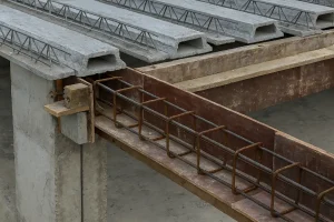 نمای نزدیک از اجرای کلاف میانی (تای بیم) بتنی در سازه در حال ساخت، شامل قالب‌بندی چوبی، آرماتورگذاری با میلگردهای فولادی و تیرچه‌های بتنی پیش‌ساخته در پس‌زمینه.
