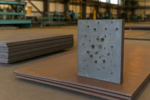 تصویر یک ورق فولادی ضد گلوله با آثار اصابت گلوله روی سطح آن، قرار گرفته در یک کارگاه صنعتی با پس‌زمینه‌ای از ماشین‌آلات و صفحات فلزی دیگر.
