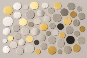 «عکسی نزدیک از چندین پولکی فلزی گرد در رنگ‌های نقره‌ای، طلایی و مشکی که روی سطحی روشن چیده شده‌اند؛ شامل مدل‌های تخت و سوراخ‌دار از جنس آلومینیوم و استیل برای نمایش انواع پولکی فلزی و درخشش آن‌ها در نور طبیعی.»
