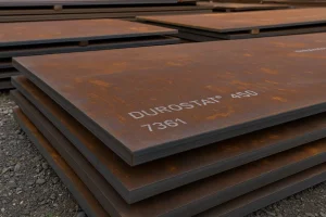 ورق فولادی ضد سایش دورستات 450 در محیط صنعتی، دارای سطح مقاوم و زنگ‌خورده طبیعی، مناسب برای تجهیزات سنگین و سازه‌های مقاوم به سایش"**
