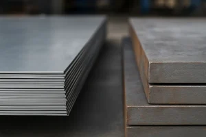 نمای نزدیک از دو نوع ورق فلزی؛ سمت چپ ورق‌های نازک و براق شیت و سمت راست ورق‌های ضخیم و زبر پلیت در محیط صنعتی."**
