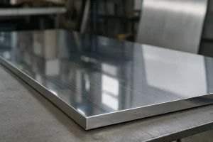 تصویر نمای نزدیک از یک ورق استیل براق با سطح صیقلی و آینه‌ای که روی میز کار فلزی قرار دارد، نشان‌دهنده‌ی درخشش و کیفیت بالای سطح استیل.
