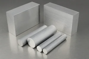 تصویری از بلوک‌ها و میله‌های آلومینیومی صیقلی در ابعاد مختلف روی سطح فلزی، نمایش‌دهنده تفاوت بافت و نوع آلیاژهای آلومینیوم 7075 و 6061"
