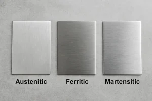 "تصویری واقعی از سه نوع ورق استیل شامل آستنیتی، فریتی و مارتنزیتی با سطح براق و بافت فلزی روی پس‌زمینه خاکستری."**
