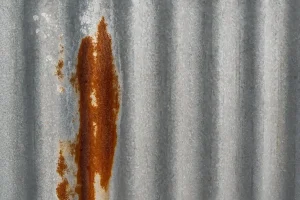 ورق گالوانیزه موج‌دار با لکه‌های زنگ‌زدگی قهوه‌ای و سفیدک سطحی که نشانه خوردگی فلز در اثر رطوبت است"
