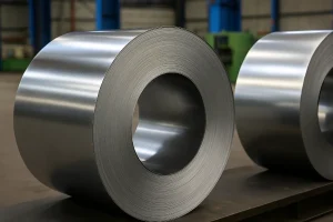 ورق‌های روغنی فولادی براق در قالب رول‌های بزرگ در داخل کارخانه، با سطح صاف و صیقلی و پس‌زمینه‌ای از تجهیزات صنعتی و سازه‌های فلزی آبی‌رنگ.
