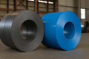 نمای نزدیک از دو رول ورق فولادی، یکی ورق سیاه با سطح مات و دیگری ورق رنگی آبی براق، در فضای صنعتی کارخانه تولید فولاد