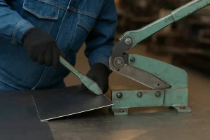  برش ورق فلزی با دستگاه برش دستی در کارگاه فلزکاری؛ کارگر با دستکش ایمنی در حال فشار دادن اهرم دستگاه برای برش دقیق ورق سیاه است.
