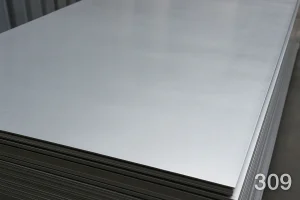 پشته‌ای از ورق‌های استیل براق در انبار صنعتی که سطح صاف و نقره‌ای آن‌ها در نور منعکس شده و عدد 309 در گوشه پایین تصویر دیده می‌شود.