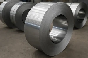 رول‌های بزرگ ورق استیل فنری با سطح براق و صیقلی روی کف کارگاه صنعتی قرار دارند که خاصیت ارتجاعی و مقاومت بالای این نوع استیل را نشان می‌دهد.
