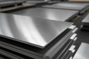 «تصویر نزدیک از چند ورق استیل 304 براق و خش‌دار که به‌صورت منظم روی هم چیده شده‌اند، در محیطی صنعتی با نور طبیعی و انعکاس سطح فلزی»
