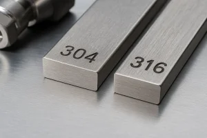 تصویر کلوزآپ از دو قطعه استیل ضد زنگ با سطح برس‌خورده که روی آن‌ها اعداد 304 و 316 حک شده است؛ نمادی از مقایسه استیل 304 و استیل 316 از نظر جنس و کیفیت.
