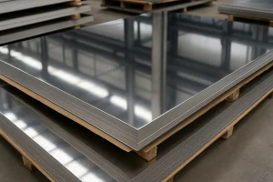 ورق‌های استیل براق با سطح صیقلی و انعکاس نور، چیده‌شده روی پالت‌های چوبی در محیط انبار صنعتی
