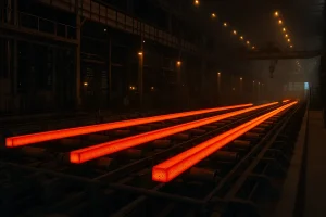 خطوط داغ و سرخ فولاد در حال عبور روی غلطک‌های کارخانه فولاد، در محیطی صنعتی و تاریک با نور زرد گرم و فضای تولید فلز.
