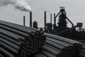 تصویر کارخانه فولاد در پس‌زمینه با دودکش‌های فعال و انبوهی از میلگردهای فولادی تیره در پیش‌زمینه که نشان‌دهنده صنعت تولید فولاد و محصولات فولادی است.