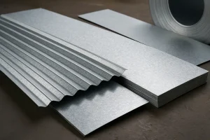 تصویر واقعی از ورق‌های گالوانیزه تخت و موج‌دار با سطح براق و پوشش روی، در محیط کارگاهی و نور طبیعی"