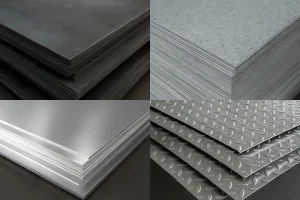 تصویر واقعی از چهار نوع ورق فلزی شامل ورق سیاه نورد گرم با سطح زبر، ورق گالوانیزه با پوشش روی، ورق آلومینیومی براق و ورق آجدار ضدلغزش که به‌صورت منظم روی‌هم چیده شده‌اند.

