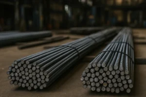 «تصویری واقعی از میلگردهای فولادی بسته‌بندی‌شده در انبار صنعتی، با تمرکز بر جزئیات سطح و بافت فلز در نور طبیعی محیط کارخانه»
