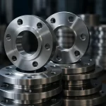 فلنج استیل براق با سوراخ‌های پیچ روی هم چیده شده در انبار صنعتی